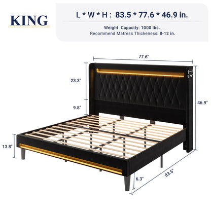 Allewie Upholstered King Size Platform Bed Frame with LED Light and Charging Station, Button Tufted High Headboard, Wingback Design, Noise Free, Easy Assembly, No Box Spring Needed, Black