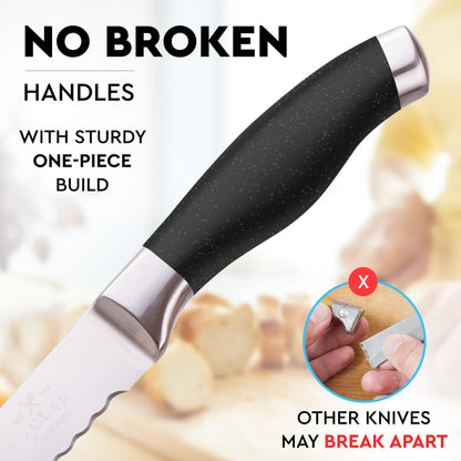 Zulay Kitchen Serrated Bread Knife - Ultra Sharp Stainless Steel Bread Knife for Homemade Bread, Cakes & Bagels - Razor Sharp Wavy Edge Bread Cutter & Slicer - 8-Inch Blade with 5-Inch Handle - Black