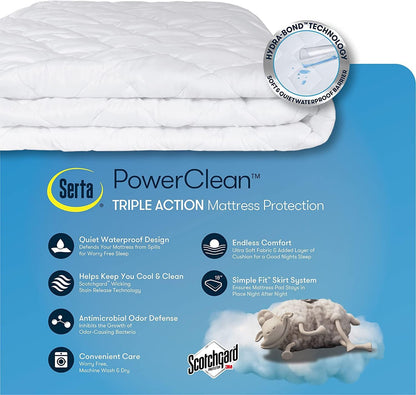 SERTA Power Clean Triple Action Quilted Mattress Pad Protector - Waterproof, Moisture Wicking, 15" Deep Pocket