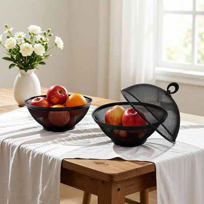 YELKPX Metal Mesh Fruit Bowl with Lid (Set of 2) - Fruit Fly Proof Kitchen Counter Storage Basket for Fruits, Vegetables, Bread - Black White Green Gray Options (Black & White)