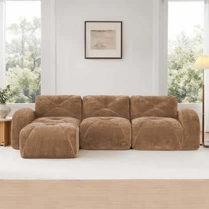 Camel L-Shaped Sectional Couches for Living Room, Velvet Fabric Boneless Couch, No Assembly Cloud Modular Sectional Sofa with 1 Ottoman, Foam Couch Compressed Sofa Set for Apartment, Sofas para Sala