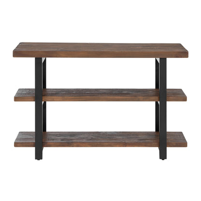 Alaterre Furniture Pomona 3-Tier Solid Wood Media Console Table with 2 Open Shelves and Metal Legs - Rustic Industrial Farmhouse TV Stand and Storage Console (Rustic Brown)