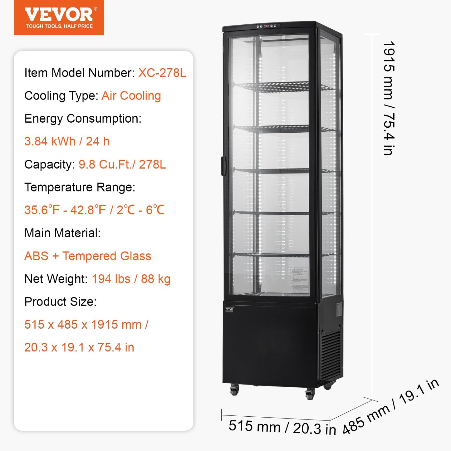 VEVOR Refrigerated Display Case, 9.8 Cu.Ft./278L Large Pastry Display Case, 5-Tier Commercial Display Refrigerator with LED Lighting, TURBO Cooling, Frost-Free Air-Cooling, for Bakery