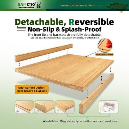 BAMOTTO CRAFTBAMBOO 24x18 Inch Extra Large Bamboo Cutting Board with Detachable Front Lip & Backsplash - Reversible Over The Sink Board, Pasta Maker, Pastry & Carving Board for Home Kitchen