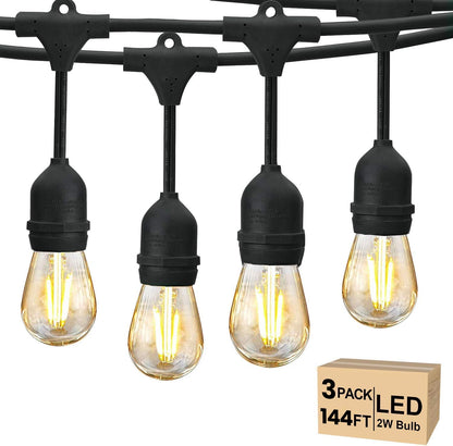Svater 144 FT Outdoor String Lights 2W, Patio Light for Outside with 32 Antique S14 Plastic LED Bulbs with 30 Pack S14 Replacement Bulb