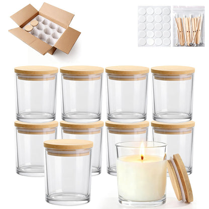 YJHSS 10oz Glass Candle Jars, 12-Pack Candles Jars for Making Candles, Empty Thick Glass Wide-Mouth Jars with Bamboo Lids & Wick Kits, Candle Containers Bulk - Clear