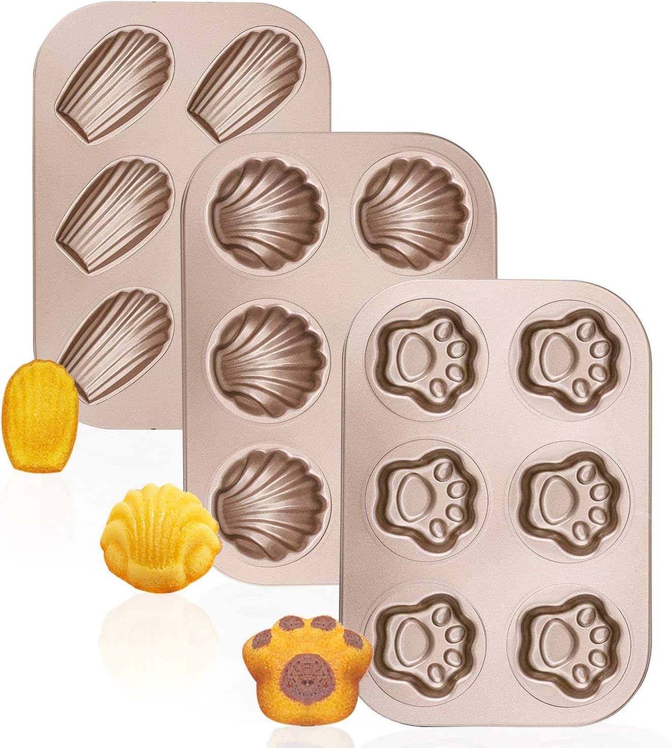 Beasea 3 Pack Madeleine Pans, 10x7 Inch Nonstick Cat Shaped Cake Cookies Pan for Baking