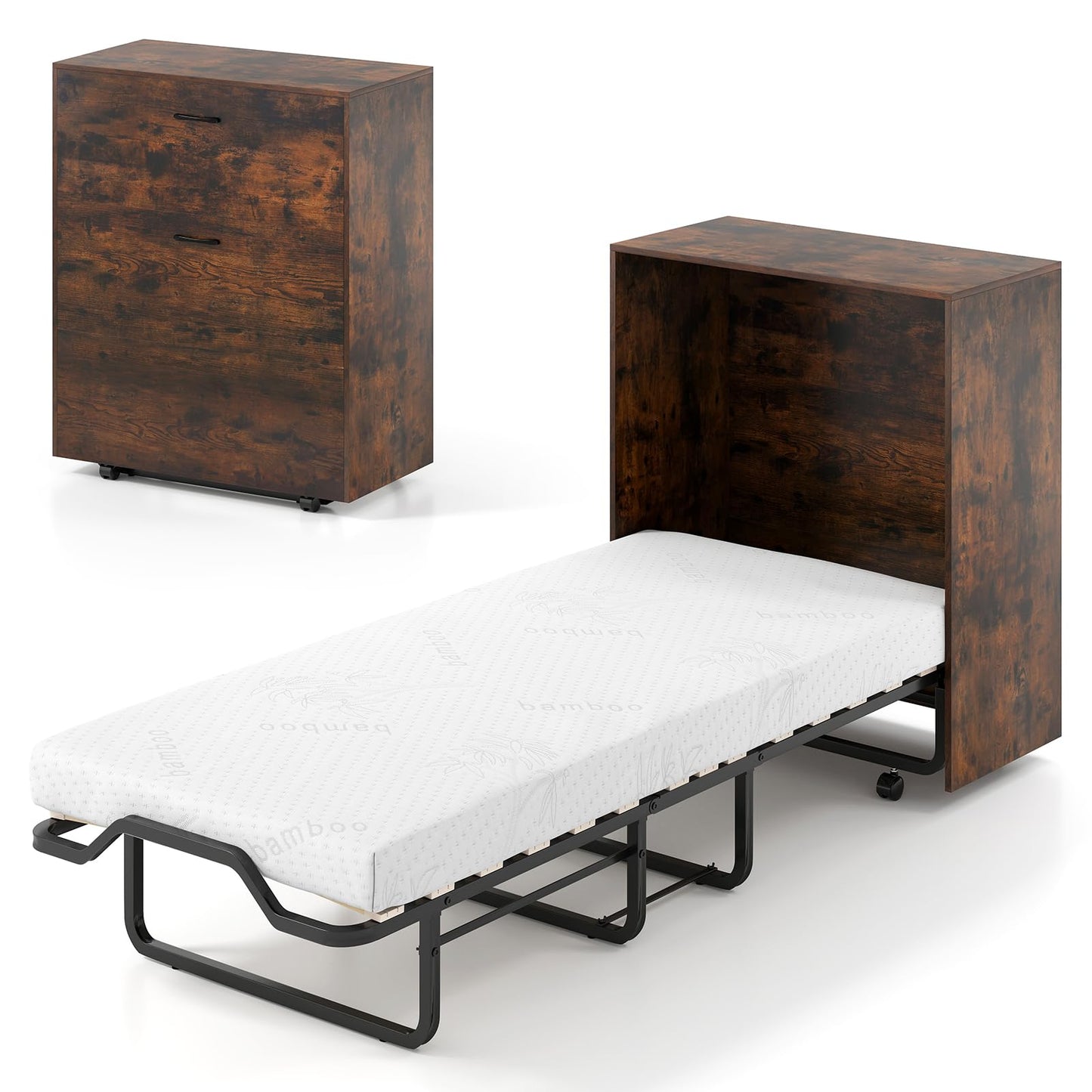 Giantex Murphy Bed Cabinet with Mattress Included, 74" x 31" Cot Size Fold Out Bed with Storage & Lockable Wheels, Metal Frame, 2 in 1 Roll Away Bed with Mattresses for Adults Guests
