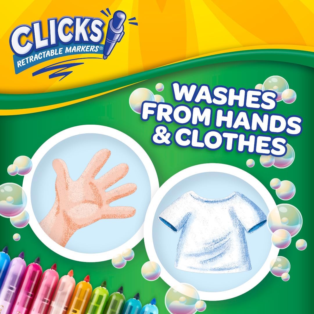 CRAYOLA Clicks, Retractable Art Markers, 10 Vibrant, Washable Coloured Markers, Keep Markers Safe in Retractable Barrel So Ink Won't Dry Out, Perfect for Colouring, Projects and More, 58 8370