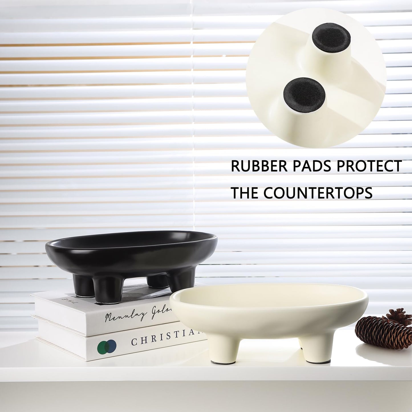 Sureasy 10 Inch Ceramic Fruit Bowl for Kitchen Counter, Decorative Bowl for Home Décor, Modern Pedestal Bowl with 4-Legs, Oval Footed Bowls, Fruit and Vegetable Holder Countertop, Black