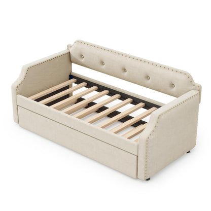 Merax Upholstered Daybed with Trundle, Wood Slat Support,Upholstered Frame Sofa Bed, Twin, Beige
