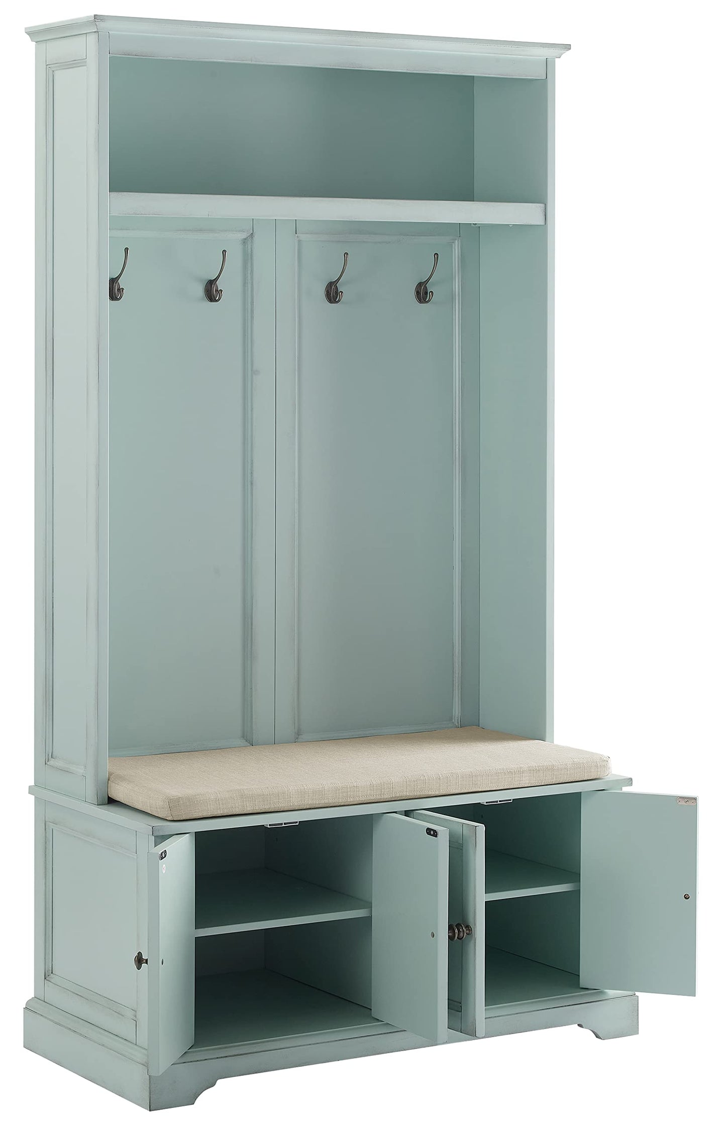 Crosley Furniture Holbrook Hall Tree with Shoe Rack Bench and Coat Hooks for Hanging Storage, Distressed Seafoam Blue