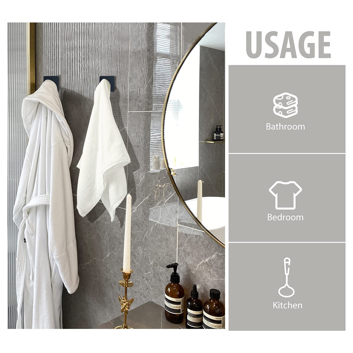 VIS'V Adhesive Towel Hooks, Waterproof Shower Wall Stick on Hooks, 2 Extra Adhesive Strips, Black, 4 Pcs