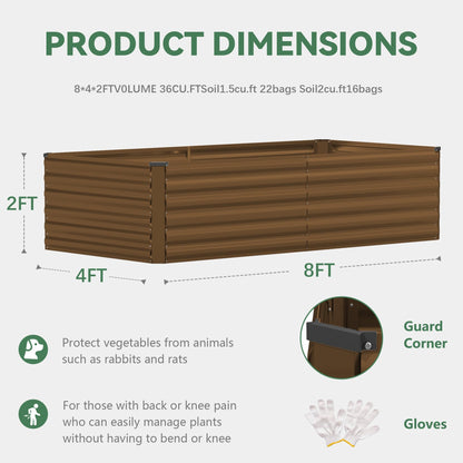 FOOWIN 4pcs 8x4x2ft Galvanized Raised Garden Bed, Planter Raised Garden Boxes Outdoor, Large Metal Raised Beds for Gardening, Garden Bed for Vegetables, Flowers, Herb,478 Gallon Capacity, Brown