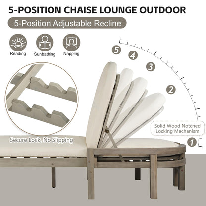 Merax Outdoor Chaise Lounge,Premium Acacia Wood Patio Recliner with Arched Backrest,5-Position Adjustable Backrest,Thick Cushion,Outdoor Lounge Chair for Poolside,Backyard,Deck & Lawn,Gray