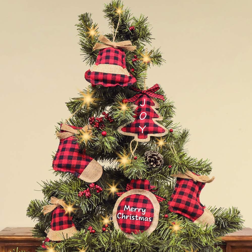 Ivenf Christmas Decorations Indoor Tree Ornaments - 8pcs Red Black Buffalo Plaid Burlap Farmhouse Ornaments for Home