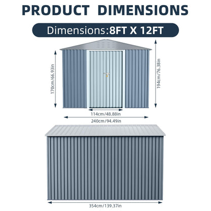 8x12 ft Outdoor Storage Shed, Galvanized Steel Metal Lockable Garden Shed with Sloping Roof, Ventilation & Weatherproof,Ideal for Tools & Equipment Backyard Garden Patio Lawn