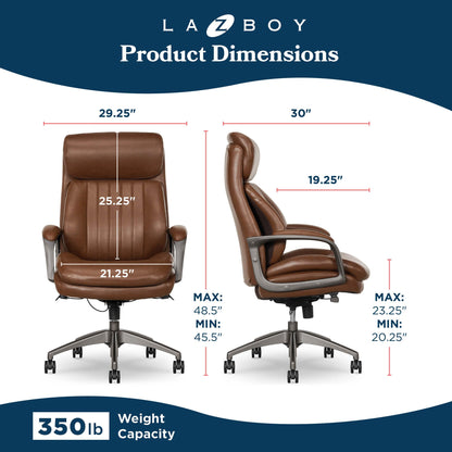 La-Z-Boy Nova Executive Office Chair - Ergonomic High Back Desk Chair with AIR Lumbar Support - Comfortable ComputerChair for Home Office - Vegan Leather - Cognac Brown
