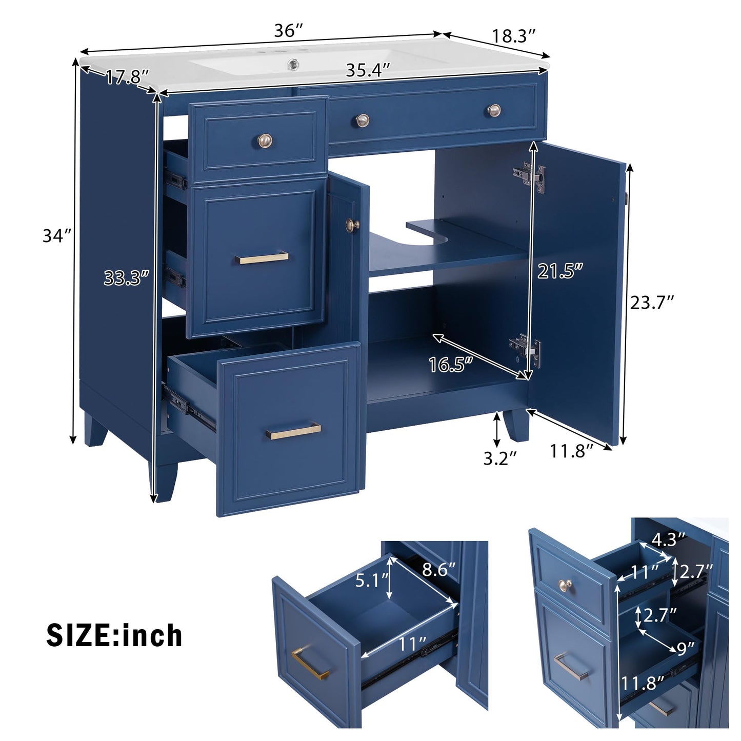 Favfurish 36" Bathroom Vanity with Ceramic Sink Combo,Free Standing Cabinet with Double-Layer Drawers and 3 Drawers,Solid Wood Bathroom Storage with Soft Close Doors,Adjustable Shelf,Modern,Blue