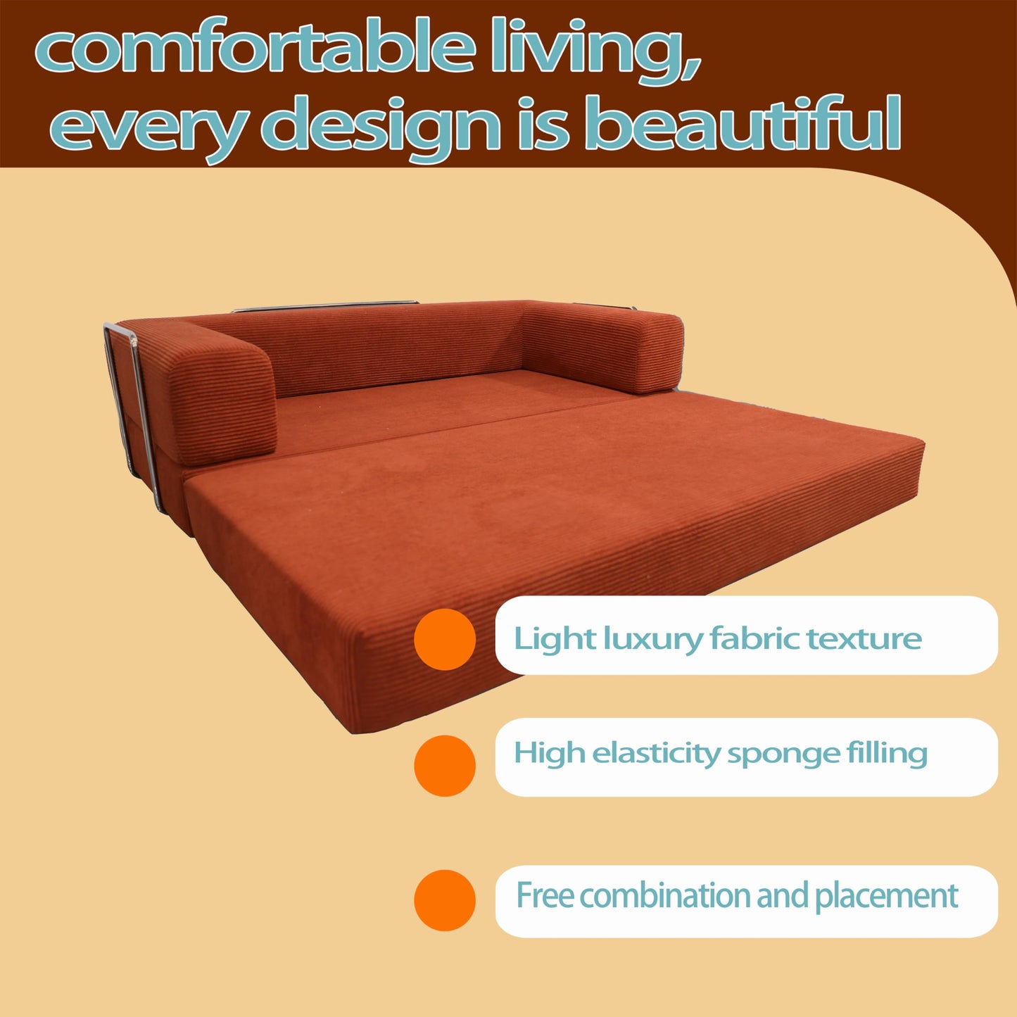 KEIKI Convertible Futon Floor Sofa Bed with Pillows, Corduroy Foldable Sleeper Couch for Living Room & Bedroom, Tangerine