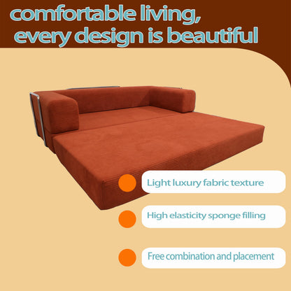KEIKI Convertible Futon Floor Sofa Bed with Pillows, Corduroy Foldable Sleeper Couch for Living Room & Bedroom, Tangerine