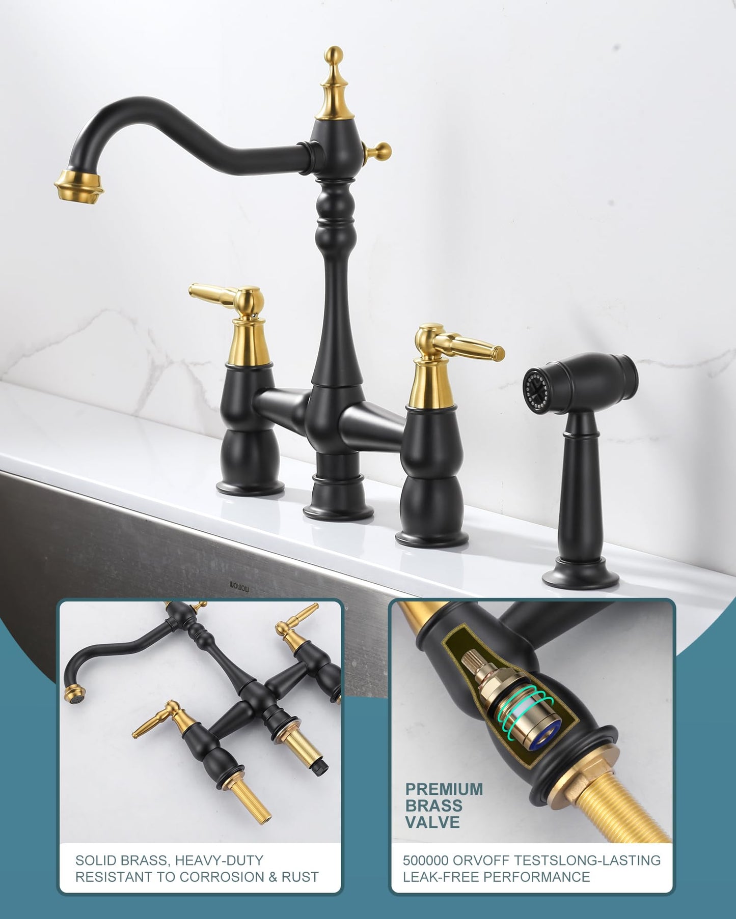 Kitchen Faucet Bridge with Side Sprayer, 4 Hole Brass Kitchen Faucet with 360° Swivel Tap, 2 Handle 8 Inch Vintage Faucet for Kitchen Sinks, Black Gold