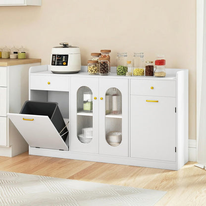 Giantex 55" Farmhouse Buffet Cabinet, Large Credenza w/Hidden Tilt Out Trash Can, 2 Glass Doors, 2 Drawers & Adjustable Shelves, Modern Sideboard Coffee Bar Cabinet for Kitchen, Dining Room (White)