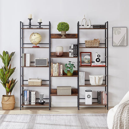 SKYXIU Triple Wide 5 Tier Bookshelf,Rustic Industrial Style Bookcases and Bookshelves with 14 Open Display Shelves,Large Open Bookshelves for Home&Office, Rustic Brown