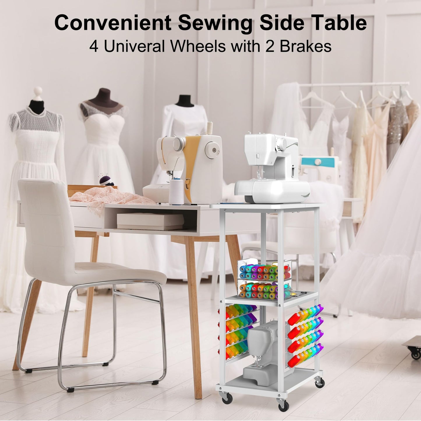 Rolling Craft Table with 56 Spools Thread Holder, 3 Storage Shelves, Portable Sewing Cabinet for Embroidery Machine, Craft Cart Organizer, White