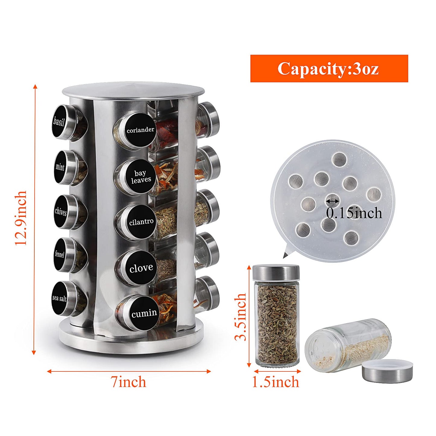 DOUBLE 2 C Revolving Spice Rack with 20 Jars, Rotating Spice Rack Organizer, Seasoning Organizer with Labels, Stainless Steel Spice Carousel for Kitchen Countertop, Cabinet