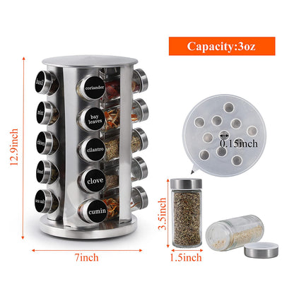 DOUBLE 2 C Revolving Spice Rack with 20 Jars, Rotating Spice Rack Organizer, Seasoning Organizer with Labels, Stainless Steel Spice Carousel for Kitchen Countertop, Cabinet