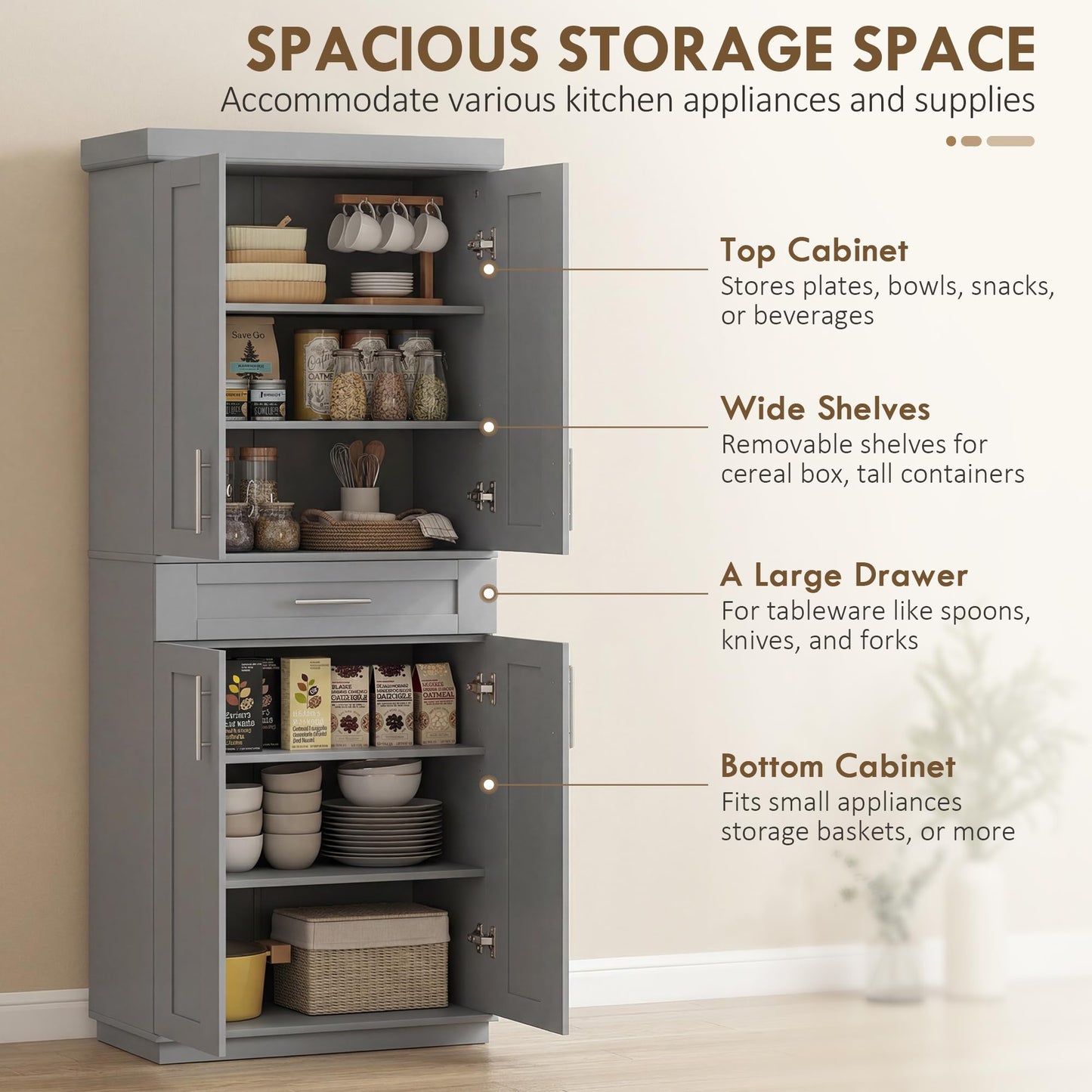 HOMCOM 72" Kitchen Pantry Cabinet, Freestanding Tall Storage Cabinet with 4 Doors, Drawer and 3 Adjustable Shelves for Dining Room, Gray