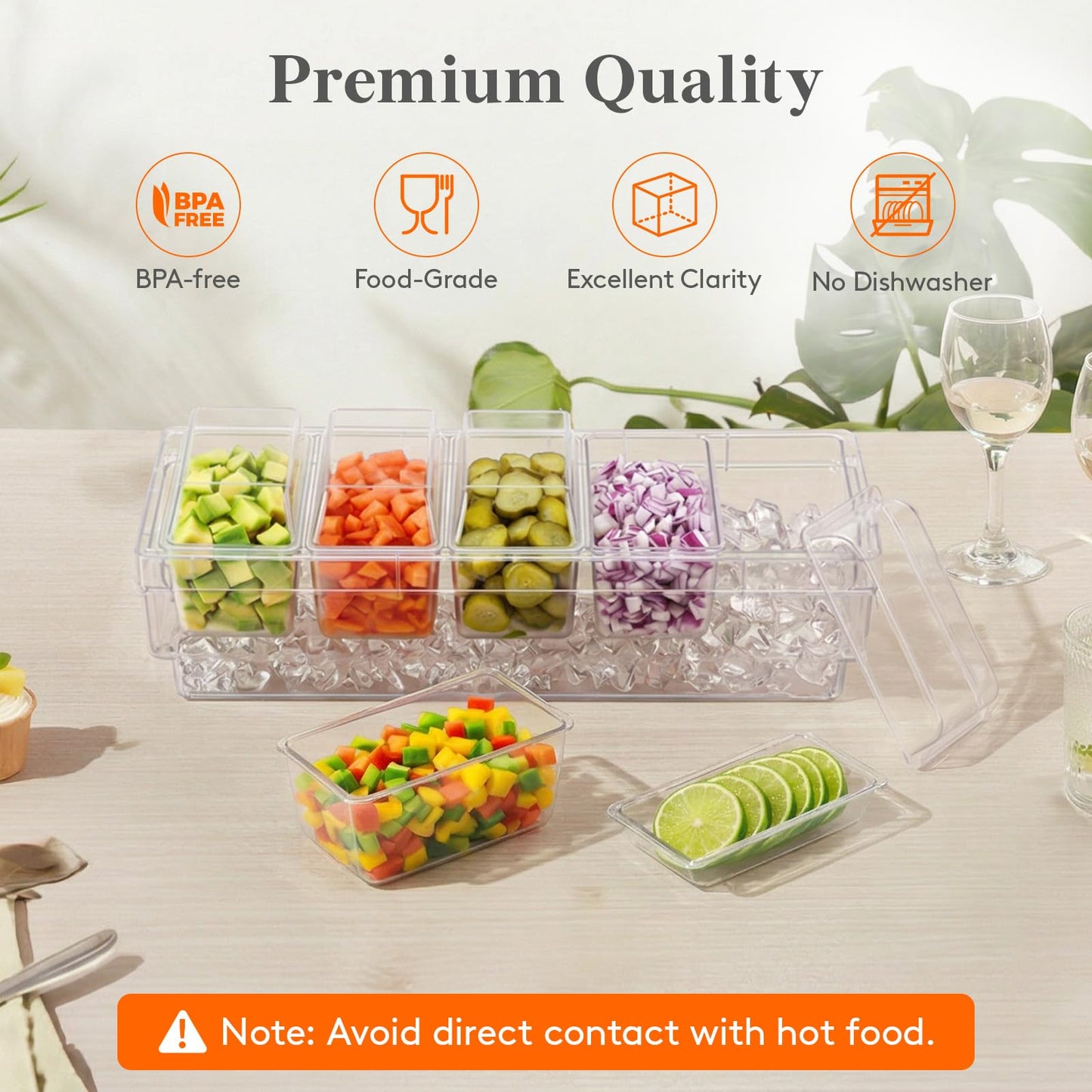 Lifewit Chilled Condiment Containers with Lids, Plastic Taco Bar Serving Set for Party with 5 Containers, Ice Garnish Tray for Mimosa Bar Supplies, Clear Serving Platter for Fruit, Salad, Snack