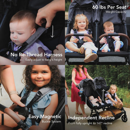 Strolee Lightweight Double Side by Side Stroller - 22 Lbs, 9.5" Compact Fold, Twin Nap Ready Seating, No Rethread Harness, Magnetic Buckle & Ultra Plush Seat 60Lb Max Per Seat- (v2 Sage)