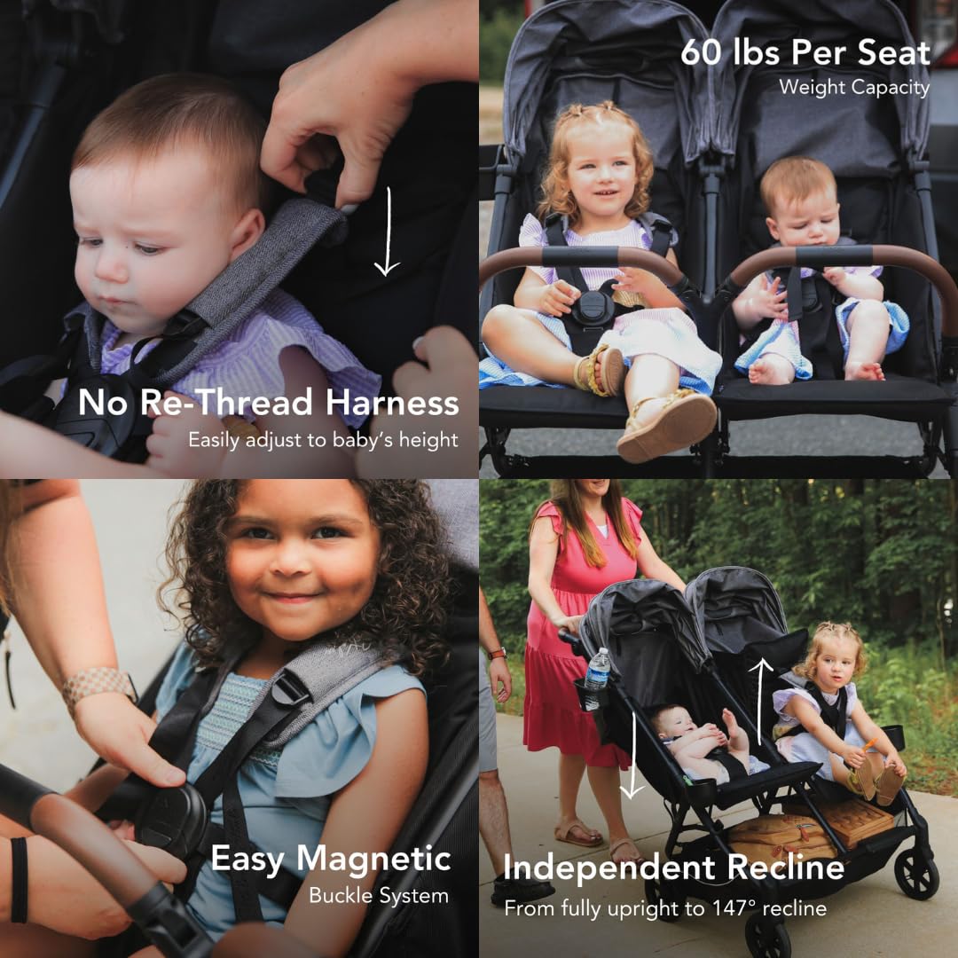 Strolee Lightweight Double Side by Side Stroller - 22 Lbs, 9.5" Compact Fold, Twin Nap Ready Seating, No Rethread Harness, Magnetic Buckle & Ultra Plush Seat 60Lb Max Per Seat- (v2 Shadow)