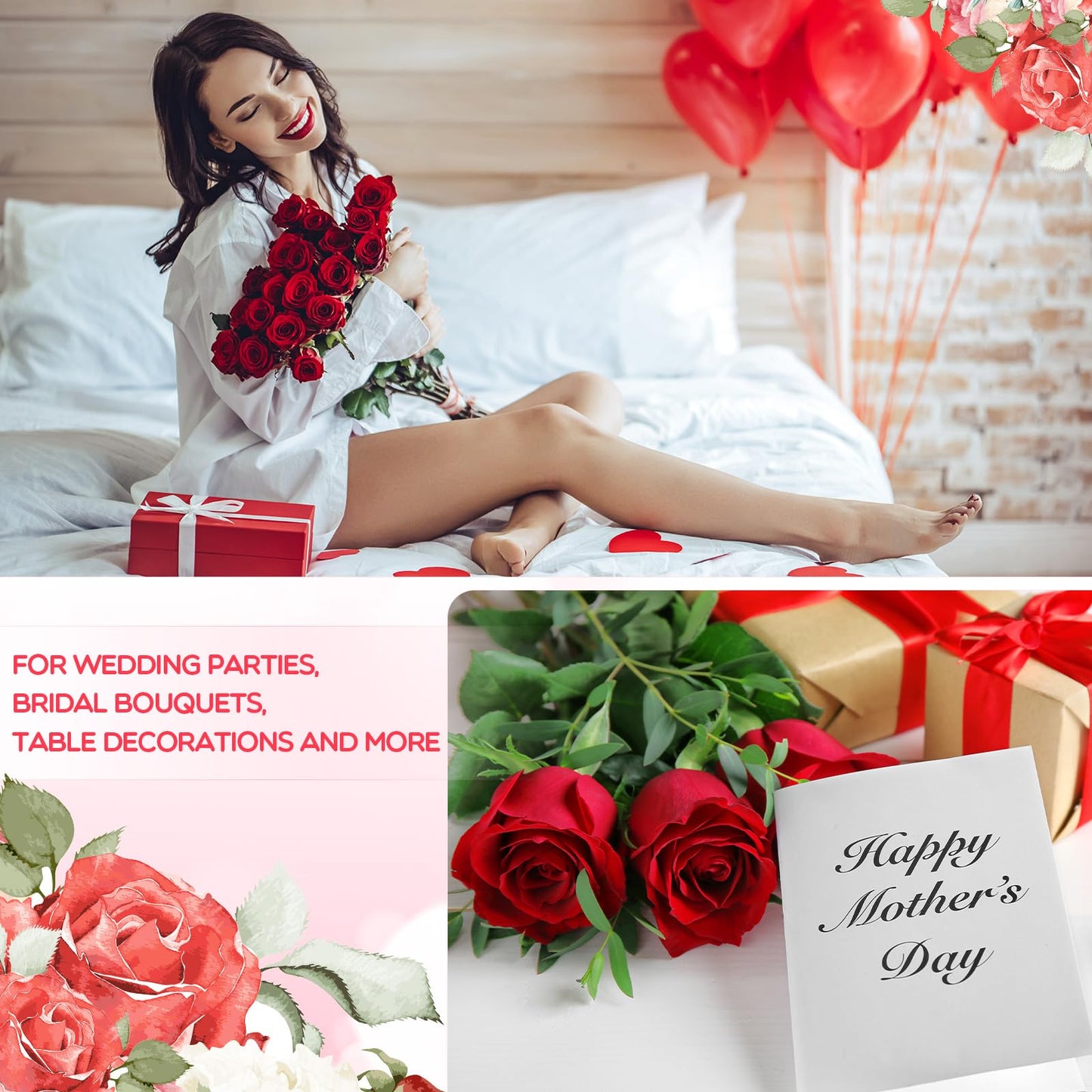 Riceshoot 500 Pcs Artificial Silk Roses Flowers with Long Stem Bridal Wedding Bouquet Realistic Floral Bulks for Garden Home Party Gifts Favor Decoration(Red)