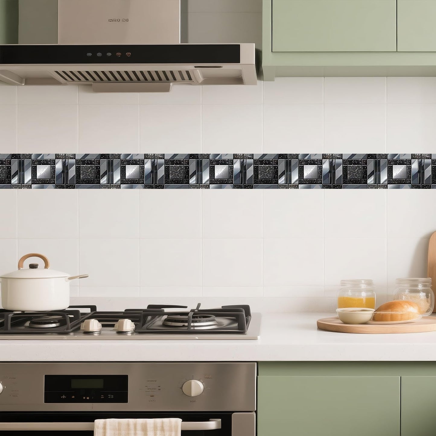 IVN Wallpaper Border Peel and Stick Wall Black and Silver Mosaic Decorative Wall Trim Self Adhesive Border for Walls Mirror Frame Accent Strip for Bedroom Kitchen LivingRoom 4x196 Inch