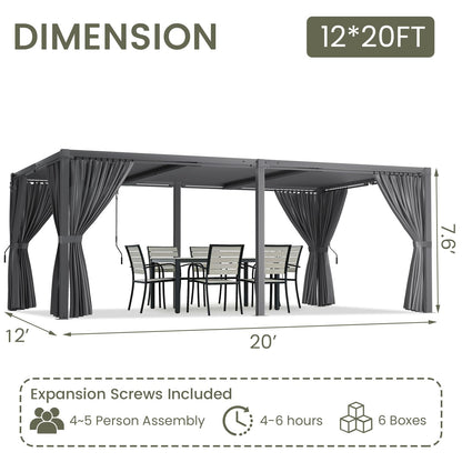 SAILARY Louvered Pergola 12' x 20' with Waterproof Curtains, Large Outdoor Aluminum Pergola with Reinforced Steel Roof, Heavy-Duty Hardtop Gazebo, Privacy Shaded Shelter, Grey