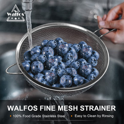 Walfos 7.8 Inch Fine Mesh Strainer, Premium Stainless Steel Colanders and Sifters, with Reinforced Frame and Sturdy Handle, Perfect for Sift, Strain, Drain and Rinse Vegetables, Pastas and Tea