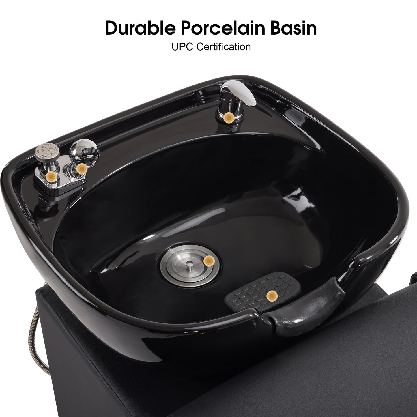 BarberPub Backwash Shampoo Station Chair with Porcelain Ceramic Hair Wash Bowl, Vacuum Breaker, Professional Black&Gold Shampoo Chair for Salon and Spa 8613 (Black)