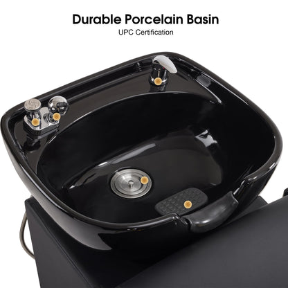 BarberPub Backwash Shampoo Station Chair with Porcelain Ceramic Hair Wash Bowl, Vacuum Breaker, Professional Black&Gold Shampoo Chair for Salon and Spa 8613 (Black)
