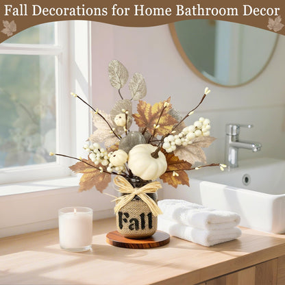 2 Pack 13.5 Inch Fall Decorations Fall Table Decor, Mason Jar with Maple Leafed Pumpkins Berried 20 LED Lights Timer Thanksgivings Fall Centerpieces for Dinner Table Kitchen Bathroom Office Home Decor
