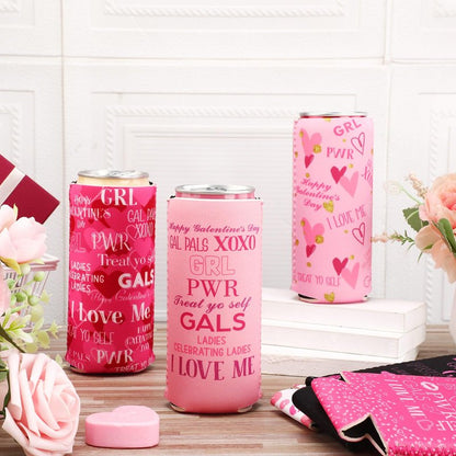 Layhit 12 Pcs Happy Galentine's Day Can Sleeves Celebrating Galentine's Day Beverage Covers for Skinny Cans Cooler Insulated Neoprene Drink Holders for Gathering Party Supplies Favor