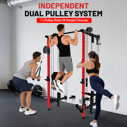 Garvee Folding Squat Rack, Wall Mounted Power Rack with Dual Independent Pulley System & Pull Up Bar, Multi-Function Power Cage with for Home Gym Space-Saving