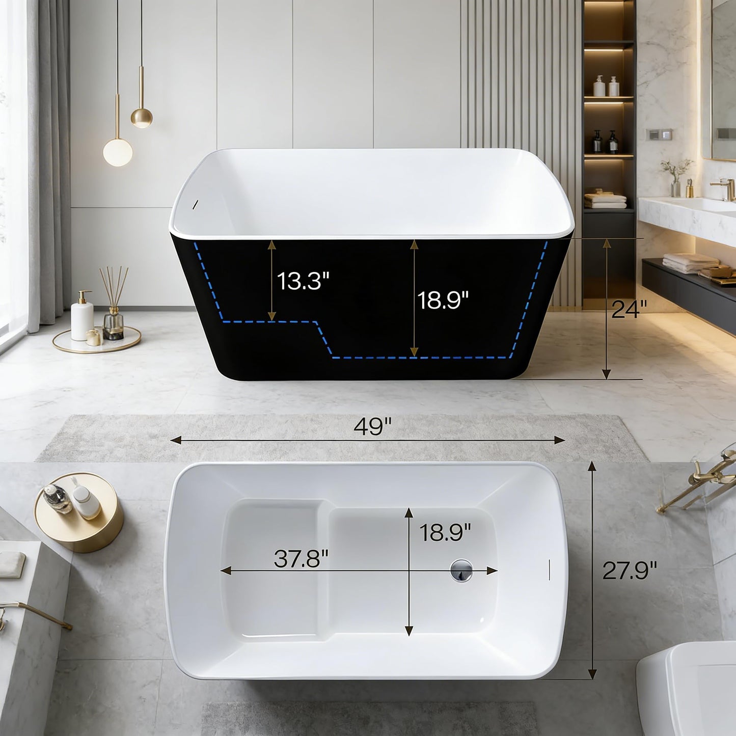 49" Modern Acrylic Freestanding Bathtub, Deep Soaking Stand Alone Tub with Chrome Overflow and Drain, Comfortable Small Space Tub, Black