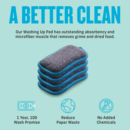 E-Cloth Washing Up Scrub Pad - Microfiber Sponge for Cleaning, Reusable Kitchen Sponge for Dishes & Sink, Non Scratch, Multi Purpose Scrubber, Machine Washable - 4 Pack