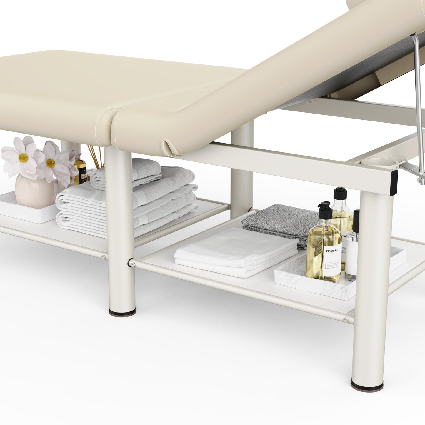 Folding Stationary Massage Table with Backrest and Storage Space for Treatment Table Physical Therapy Table Spa Facial Bed, 6 Round legs Metal Frame PU Leather, 30.5'' Wide × 75'' Long - Beige Gray