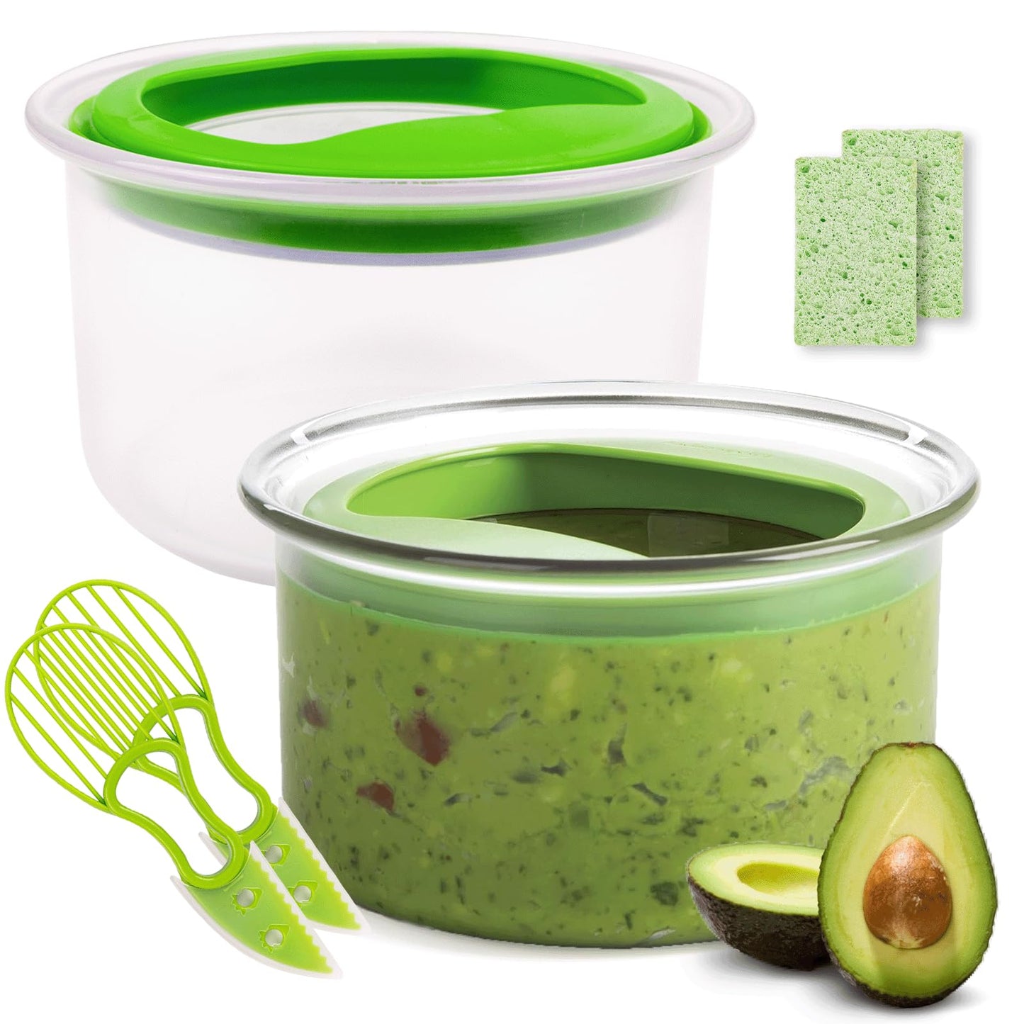 WodGod Guacamole Keeper(2 Pcs), Guacamole Bowls, Avocado Keeper Fresh Guacamole Plastic Kitchen Storage Container with Air Tight Lid, 3-in-1 Avocado Slicer*2 and 2 Cleaning sponges