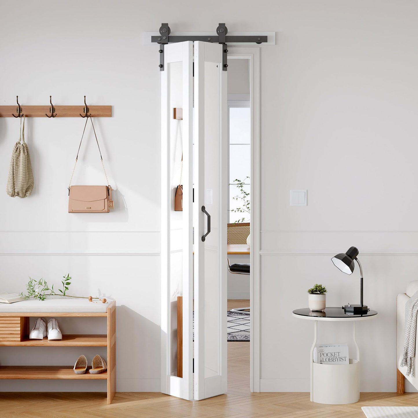 FREDBECK Bifold Barn Door 24x84 (Double 12x84) with 1 Lites Mirror,Bi-fold Closet Doors Hardware Kit Included,28" Track for 2 Doors, PVC, White,for Living Room, Bathrooms, Kicthen