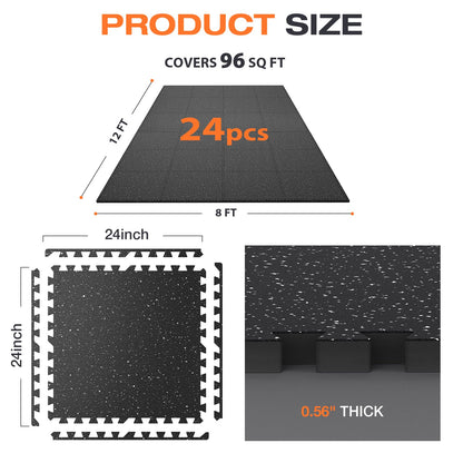 FLEXLIFT 0.56'' Thick 24 Pcs 96 Sq Ft Non-Slip Rubber Top Exercise Equipment Mats, High Density EVA Foam Mats with Rubber Top, Interlocking Puzzle Gym Flooring for Home Gym, Workout Floor Mats, Black